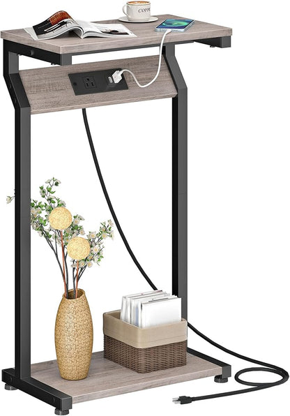 CHOEZON Narrow Side Table with Charging Station, 27" Skinny End Table for Small Spaces, Couch Table with Storage, Slim Tray Table with USB Ports, for Living Room, Bedroom, Greige and Black TBZ27UBG