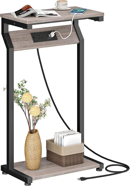 CHOEZON Narrow Side Table with Charging Station, 27" Skinny End Table for Small Spaces, Couch Table with Storage, Slim Tray Table with USB Ports, for Living Room, Bedroom, Greige and Black TBZ27UBG