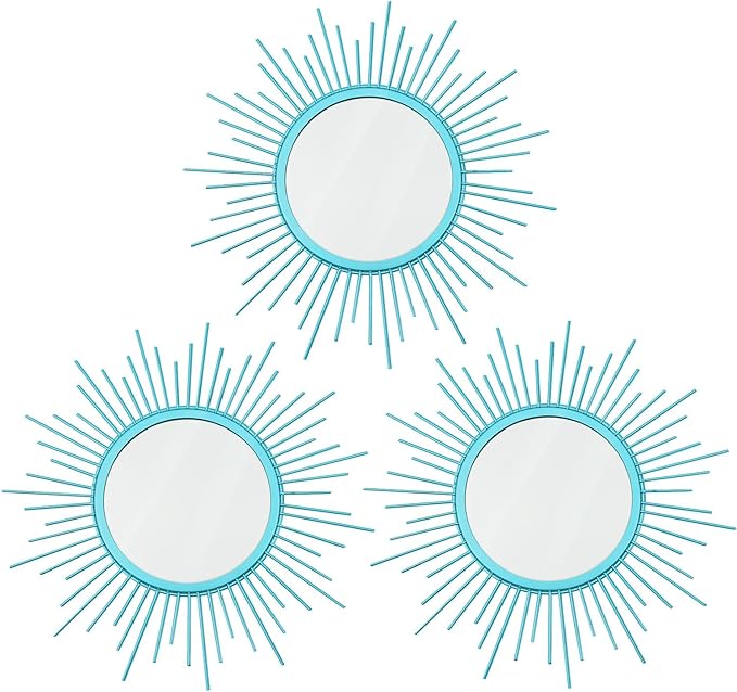 3 Pack Metal Mirrors for Wall Sunburst Wall Mirrors Home Décor Decorative Hanging Wall Art for Living Room Bedroom Entryway (Greenish Blue, Sunburst)