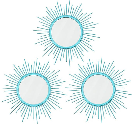 3 Pack Metal Mirrors for Wall Sunburst Wall Mirrors Home Décor Decorative Hanging Wall Art for Living Room Bedroom Entryway (Greenish Blue, Sunburst)