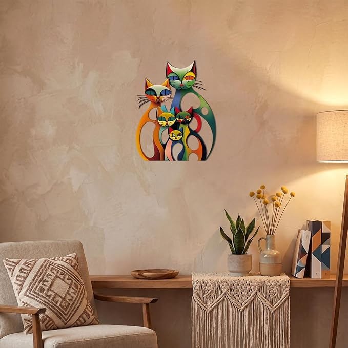 Wesiti Cat Wall Art Decor Iron Wall Sculptures Decor for Cats Lover 10.6 x 15.7 Inches Colorful Retro Mid Century Cat Signs for Home Living Room Bedroom Kitchen Office(Neutral)