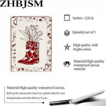 ZHBJSM Cowboy Boot Tulip Wall Art Red White Line Print Poker Style Boho Chic Decor Bedroom Living Room Stylish Western Floral Home Accent 12x16 Inch Unframed