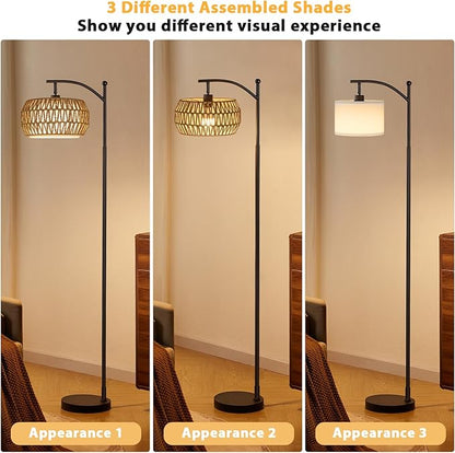 Ambimall Arc Floor Lamp for Living Room with Remote, Color Temperature & Brightness Adjustable, Bohemia Standing Lamp with Rattan & Fabric Double Drum Shades, Bulb Included(Black)
