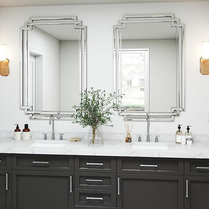 32" X 47" Large Bathroom Wall Mirror with Glass Pieces and Beveled Edge, Elegant Decorative Mirror for Wall Decor Living Room, Dining Room, Fireplace, Hang Horizontally or Vertically