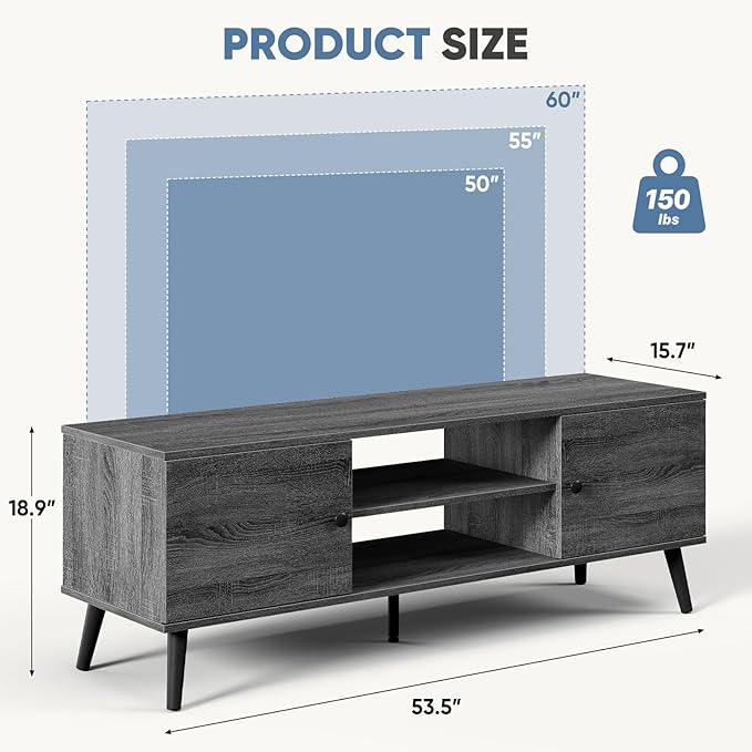 DUMOS TV Stand for 55 60 inch TV, Modern Mid Century Entertainment Center with Storage, Wooden Media Console Table with 2 Cabinets, for Living Room, Bedroom, Grey
