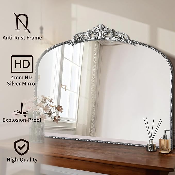 Micasso Large Vintage Silver Mirror: 40"x29" French Baroque Antique Arched Mirror - Traditional Ornate Decorative for Wall/Fireplace/Mantel/Entryway/Bathroom/Hallway - Home Decor for Living Room