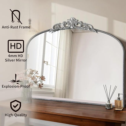 Micasso Large Vintage Silver Mirror: 40"x29" French Baroque Antique Arched Mirror - Traditional Ornate Decorative for Wall/Fireplace/Mantel/Entryway/Bathroom/Hallway - Home Decor for Living Room