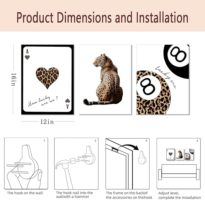 Set of 3 Trendy Leopard Canvas Wall Art, Cheetah & Lucky 8 Ball Playing Card Posters, Preppy Girly Aesthetic Room Decor for Bedroom Dorm Apartment, Framed Prints 16x24 or 12x16 Inch