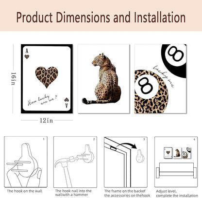 Set of 3 Trendy Leopard Canvas Wall Art, Cheetah & Lucky 8 Ball Playing Card Posters, Preppy Girly Aesthetic Room Decor for Bedroom Dorm Apartment, Framed Prints 16x24 or 12x16 Inch