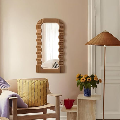 Wavy Wall Mirror for Cozy Home Decor, 14x28 Arched Wall Mounted Mirror with Velvet Touch for Girly Bedroom Decoration, Unique Home Accent for Modern Room Aesthetics (Brown)