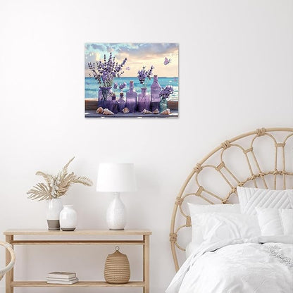 LB Ocean Purple Lavender Wall Art for Living Room Purple Flower in Vase with Butterfly Canvas Wall Art Blue Sky and White Cloud Wall Decor for Bedroom Bathroom Office Framed Ready to Hang 8L x 10W