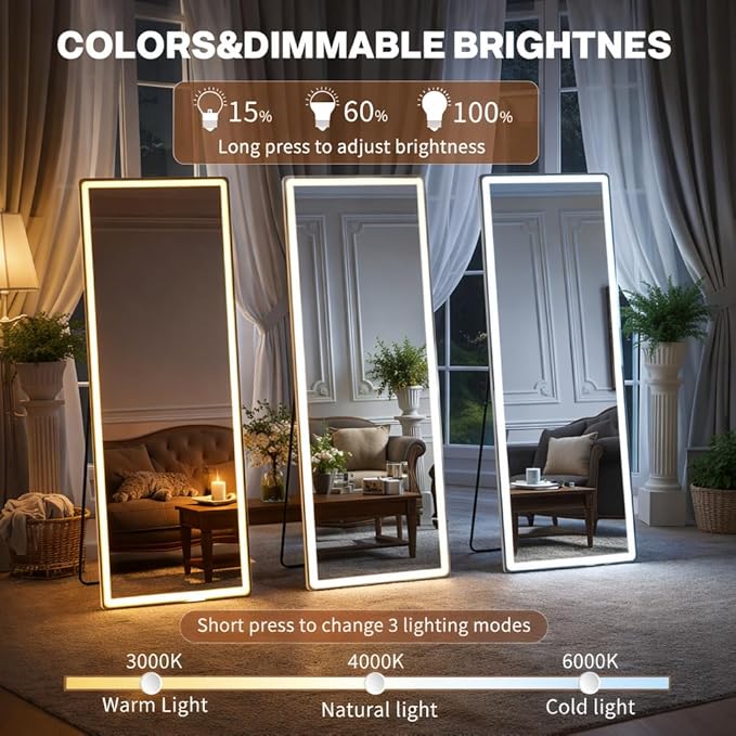 71" x 26" Arched Full Length Mirror with LED Lights, Floor Mirror with Stand, Wall Mirror Full Length, Body Floor Mirror, Wall Mounted Mirror for Bedroom, Dimmable, Tempered Glass