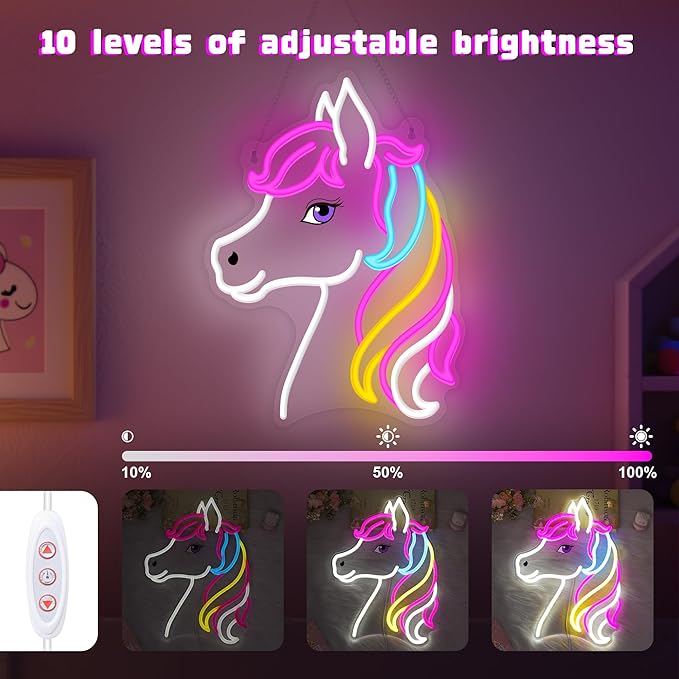 OkiyiD Dreamy Horse Neon Sign, Aesthetic Wall Decor for Girls Bedroom, Living Room, Vanity, USB Powered LED Light with Hanging Kit, Unique Magical Gift for Her
