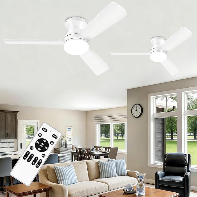 2 Pack 42" White Ceiling Fans with Lights and Remote, Low Profile Ceiling Fan with Light, Reversible DC Motors, 3CCT Dimmable Timer Noiseless, Flush Mount Ceiling Fan for Bedroom/Living Room
