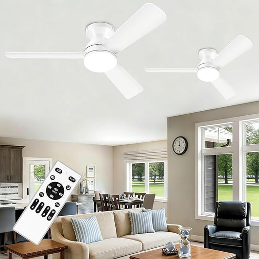 2 Pack 42" White Ceiling Fans with Lights and Remote, Low Profile Ceiling Fan with Light, Reversible DC Motors, 3CCT Dimmable Timer Noiseless, Flush Mount Ceiling Fan for Bedroom/Living Room