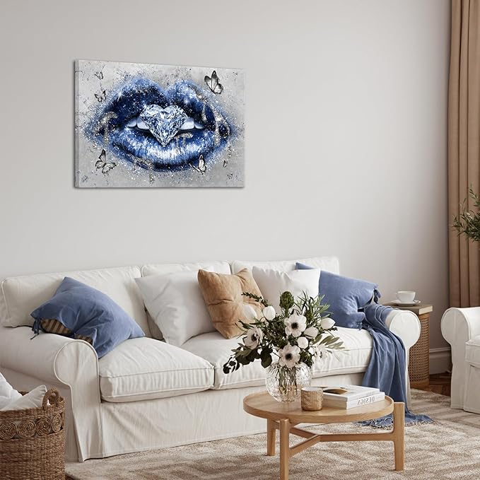 Conipit Navy Fashion Wall Art Blue Lip Canvas Art Beauty Glam Picture Prints Lip Painting with Heart Diamond Artwork for Makeup Room Bedroom Salon Wall Decor 24x36 Inch