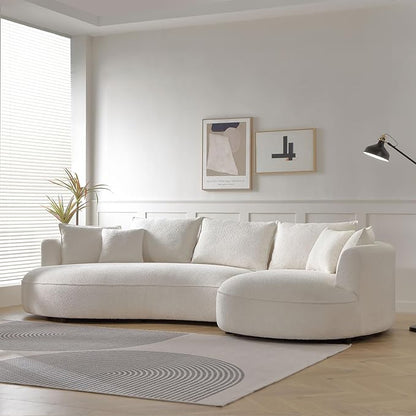 WILLIAMSPACE 124.8" Modern Curved Sofa Couch, Upholstery Boucle Sofa with Pillows, Right Hand Facing Sectional Boucle Fabric Couch for Living Room (Right-Facing,Light Cream)