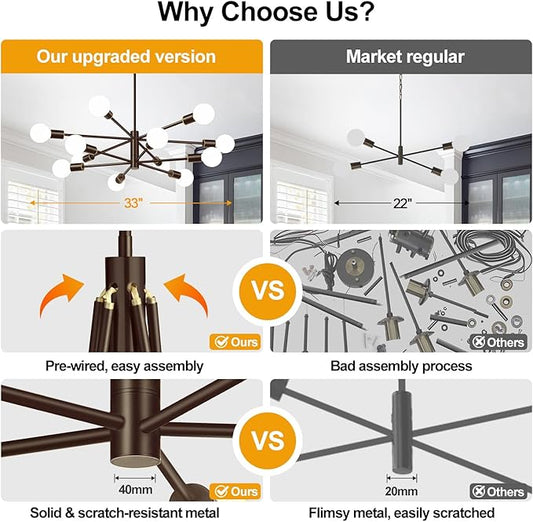 10.9"-52.3" Height Adjustable Sputnik Chandeliers Dining Room Light Fixture (12-Light, 33-Inch), Modern Brown and Gold Chandelier, Mid Century Modern Chandeliers for Dining Room (Bulbs Not Included)