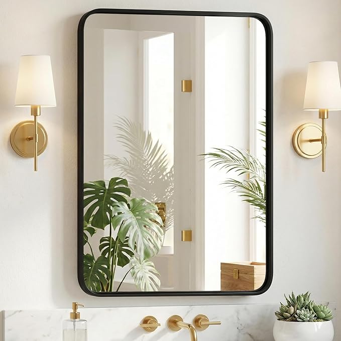 Sweetcrispy Bathroom Wall Mirror, 40x30 Inch Wall Mount Mirror for Over Sink, Modern Rounded Rectangle Vanity Mirror with Matte Metal Framed, for Home Decor, Living Room, Bedroom, Black