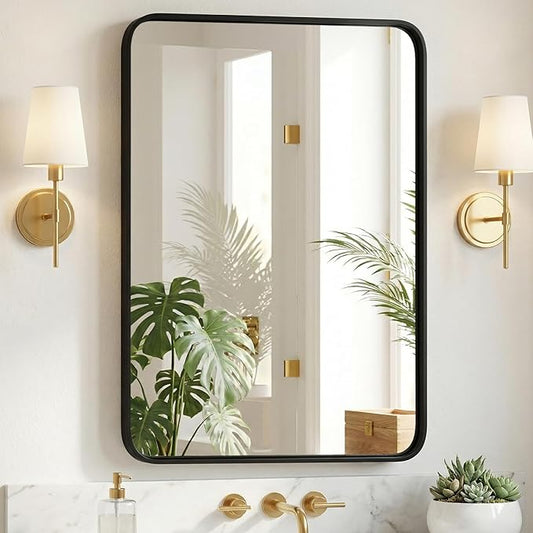 Sweetcrispy Bathroom Wall Mirror, 40x30 Inch Wall Mount Mirror for Over Sink, Modern Rounded Rectangle Vanity Mirror with Matte Metal Framed, for Home Decor, Living Room, Bedroom, Black