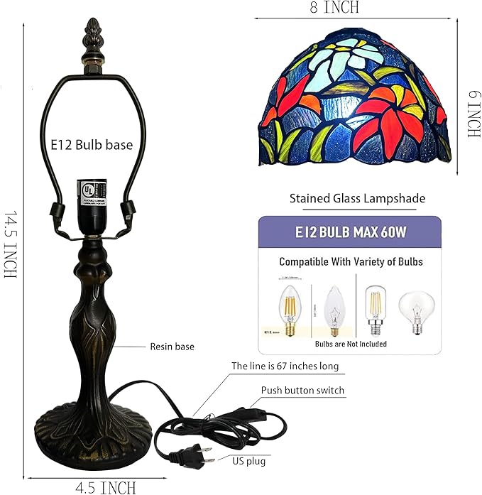 Tiffany Style Lamp Stained Glass Table Lamp 8" x 14.5" Mini Accent Light Irises Design Small Decorative Bedside Memory Lamp