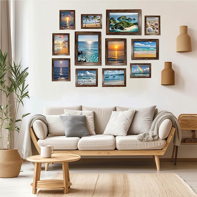 xnlkros 12 pack assorted gallery wall picture frame,rustic farmhouse wood picture frames multiple sizes including 4x6, 5x7, 8x10, 11x14, Ideal for living room hanging or tabletop display,Dark Brown