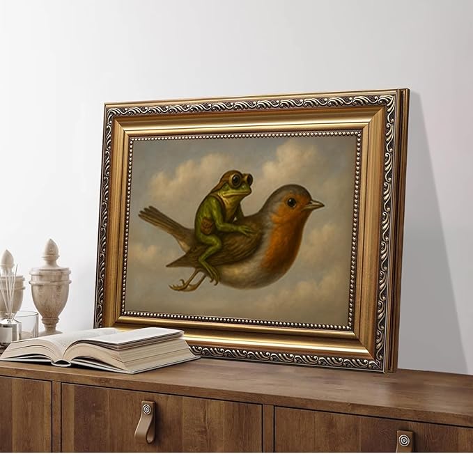 WZGZXU Gold Framed Wall Art Vintage Pictures Wall Decor Frog Riding Bird Canvas Art Funny Paintings Animal Prints Antique Artwork For Living Room Bedroom 12x16in
