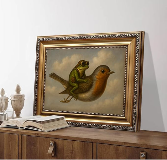WZGZXU Gold Framed Wall Art Vintage Pictures Wall Decor Frog Riding Bird Canvas Art Funny Paintings Animal Prints Antique Artwork For Living Room Bedroom 12x16in