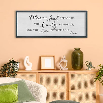 FZMHASLWW Dining Room Wall Decor Christian Blessing Bless the Food Family Love Bible Verse Sign 32"×12" Farmhouse Scripture Prayer for Religious Kitchen Rustic Framed Wall Hanging Art (Black)