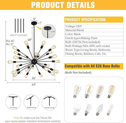 24 Light Black Sputnik Chandeliers, Modern Farmhouse Chandeliers for Dining Room Light Fixtures Over Table, Industrial Ceiling Hanging Lighting for Living Room, Bedroom, Kitchen, Foyer