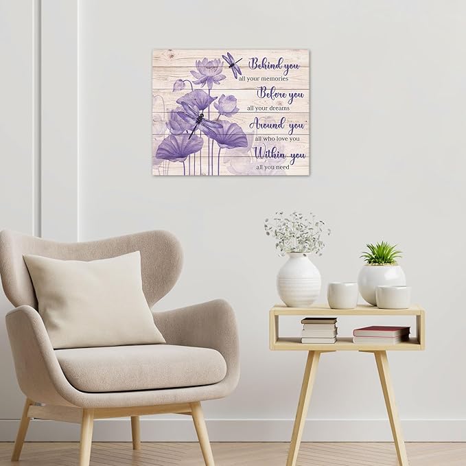 LB Motivational Wall Art Inspirational Quotes with Purple Floral Dragonfly Canvas Wall Art Plant Pictures Wall Decor for Living Room Bedroom Bathroom Office Home Framed Ready to Hang 16x12 Inch