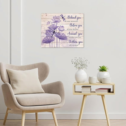 LB Motivational Wall Art Inspirational Quotes with Purple Floral Dragonfly Canvas Wall Art Plant Pictures Wall Decor for Living Room Bedroom Bathroom Office Home Framed Ready to Hang 8Lx10W Inch