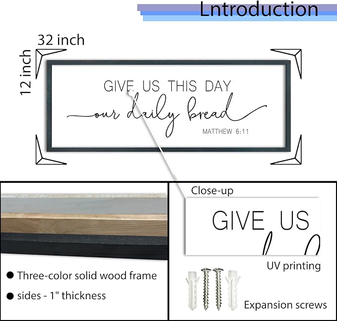 FZMHASLWW Give Us This Day Our Daily Bread Sign Wall Art 32"x12" Dining Room Kitchen Large for Matthew 6:11 Wood Framed Wall Decor (Black)