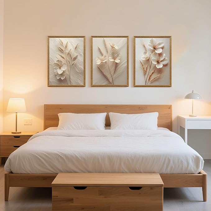 FYLDPSB 3Pcs Framed Neutral Beige Floral Canvas Wall art, Modern Simple Texture Plant Painting Wall Decor, Vintage Flower Poster Prints for Living Room Bedroom Farmhouse Ready to Hang 24''L x 16''W