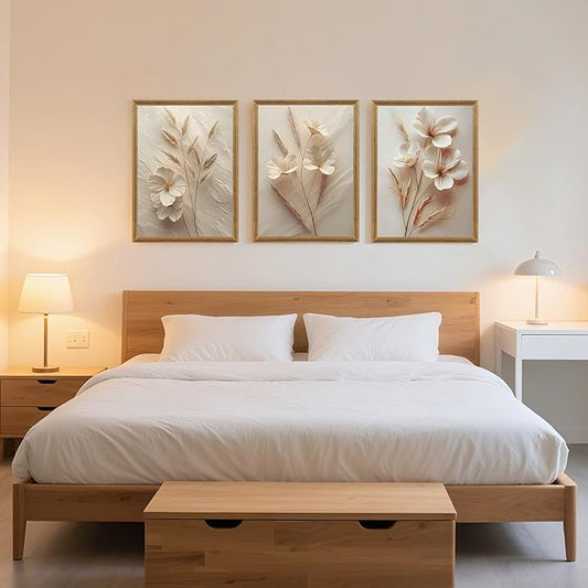 FYLDPSB 3Pcs Framed Neutral Beige Floral Canvas Wall art, Modern Simple Texture Plant Painting Wall Decor, Vintage Flower Poster Prints for Living Room Bedroom Farmhouse Ready to Hang 16''L x 12''W