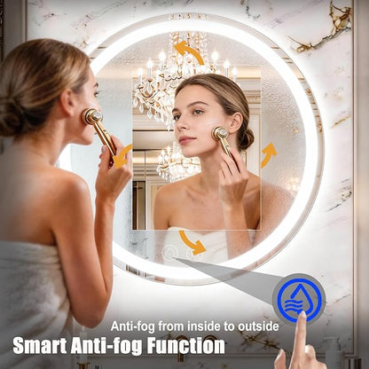 LTFUUAI 28" Round LED Bathroom Mirror with Lights, Smart Touch 3-Color Dimming Lighted Vanity Mirror Wall Mounted, Anti-Fog Shatterproof with Front & Back Light, for Bathroom Vanity (28" L x 28" W)