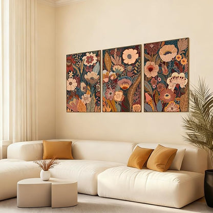 SAFERRYHOME Large Burnt Orange Floral Wall Art, 3 Pieces Boho Mid Century Modern Wildflower Framed Canvas Wall Decor, Vintage Botanical Neutral Plant Artwork Print for Living Room Bedroom Office, 24"x36"