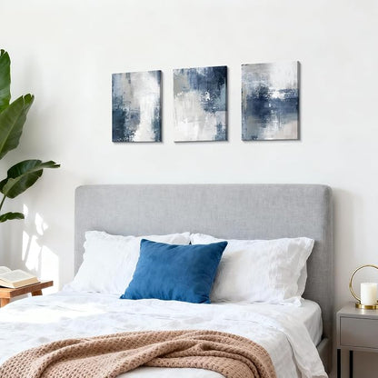 WENGTIAO 3 Pcs Navy Blue Abstract Canvas Wall Art Prints Modern Minimalist Blue Gray Artwork for Walls Framed White Neutral Poster Paintings Decor for Living Room Bedroom Bathroom Office 12x16x3Pcs