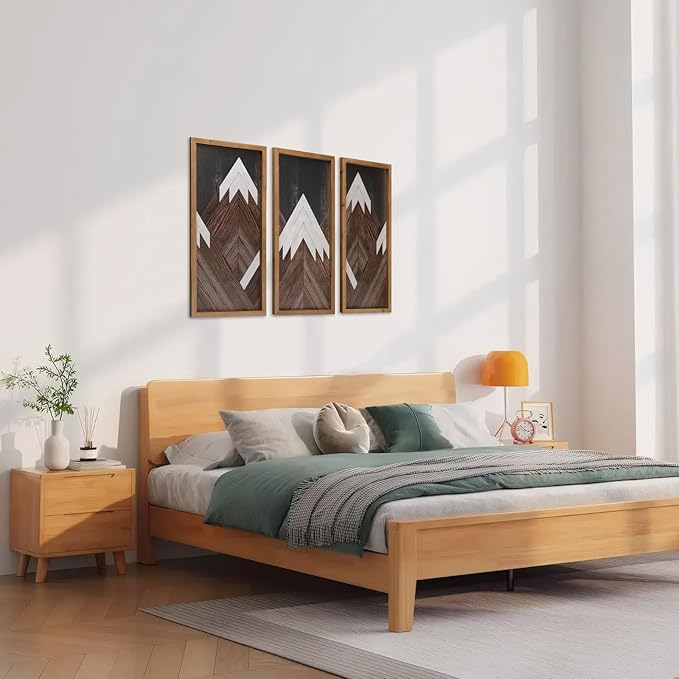 flangairy Set of 3 Mountain Wall Art Framed, 21×10 Inchs Wooden Brown White Abstract Forest Nature Wall Decor, Living Dining Room Bedroom Hallway Rustic Decorations for Home