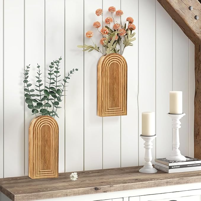2 Pack Wall Decor Wood Wall Planters for Indoor Plants, Modern Wall Planter for Bathroom, Living Room, Kitchen Decor, Farmhouse Wood Vase for Dried Flowers and Faux Greenery (Rustic Brown)