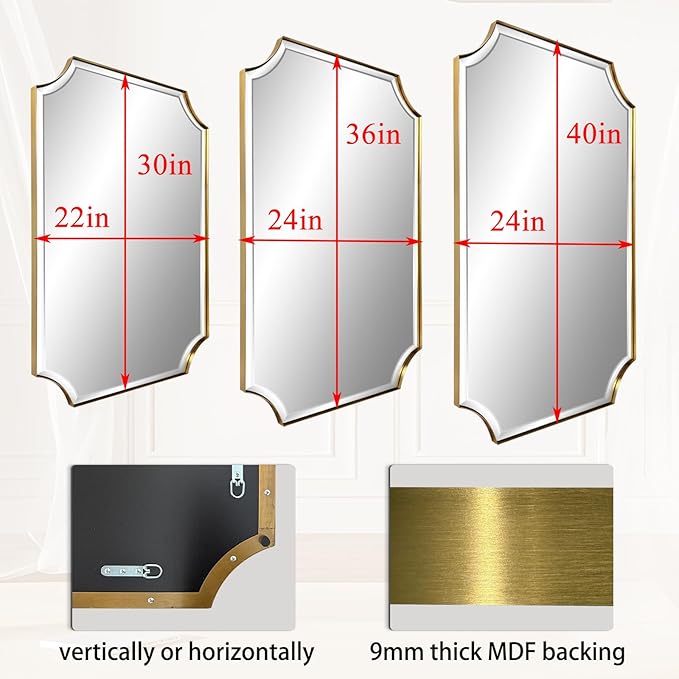 POZINO Rectangle Beveled Mirror, 24"x36" Brushed Gold Bathroom Vanity Mirror with Stainless Steel Frame, Aesthetic Wall Mirrors for Living Room Bedroom Hallway Entryway, Horizontal or Vertical Hanging