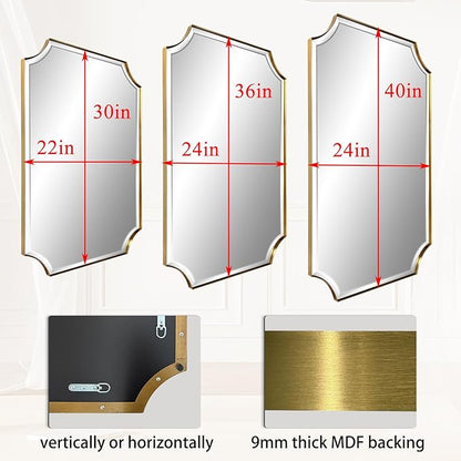 POZINO Rectangle Beveled Mirror, 24"x36" Brushed Gold Bathroom Vanity Mirror with Stainless Steel Frame, Aesthetic Wall Mirrors for Living Room Bedroom Hallway Entryway, Horizontal or Vertical Hanging