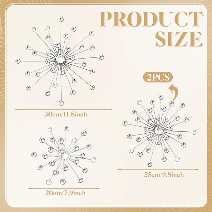 Funnymoom 4 Pcs Silver Starburst Wall Decor Metal Bling Wall Art Crystal Silver Sparkling Rhinestones Bling Decorative Hanging Diamond for Living Room Bedroom Home Office