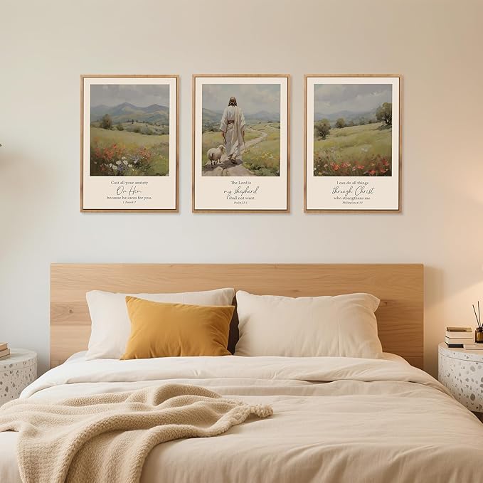Aurlan Christian Bible Verses Framed Wall Art(24"x36"), 3PCS Vintage Jesus Leaves The 99 Lost Sheep Inspirational Scripture Canvas Artwork, Religious Abstract Flowers Nature Landscape Gallery Decor for Home Office Bedroom