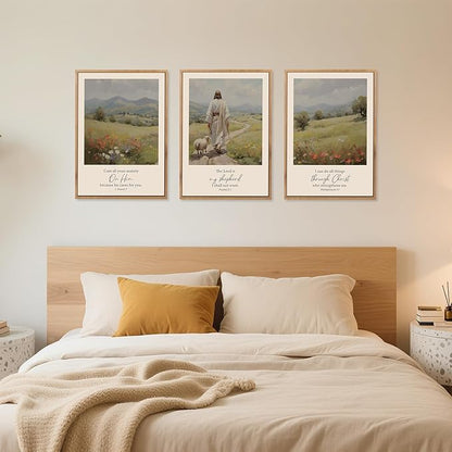 Aurlan Christian Bible Verses Framed Wall Art(24"x36"), 3PCS Vintage Jesus Leaves The 99 Lost Sheep Inspirational Scripture Canvas Artwork, Religious Abstract Flowers Nature Landscape Gallery Decor for Home Office Bedroom