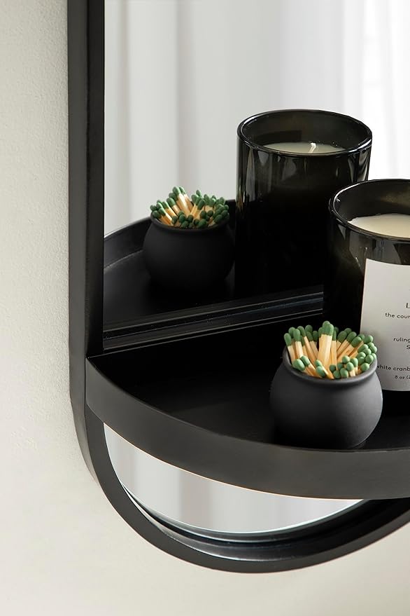 Kate and Laurel Estero Modern Metal Oval Mirror with Rounded Shelf; 11 x 25; Black; Decorative Contemporary Capsule Shelf Mirror for Storage and Display