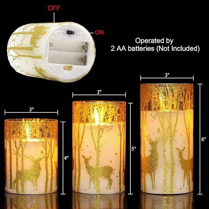 GenSwin Glass Flameless Candles Flickering with Deer Decor and Remote Timers, Battery Operated Moving Wick Led Light, Set of 3 Real Wax Pillar Candles for Christmas Home Decoration
