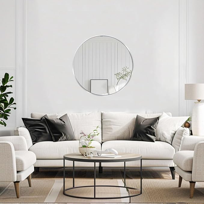 Silver Round Mirror, Circle Mirror 30 inch, Round Wall Mirrors Metal Frame, Circle Mirrors for Bathroom, Living Room, Hallway, Vanity, Over Sink