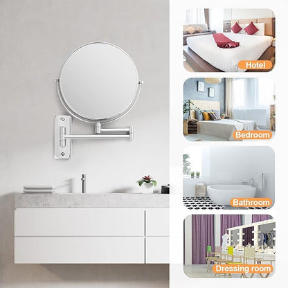 8” Wall Mounted Makeup Mirror - 1X/10X Double Sided Magnifying Bathroom Mirror, 360° Swivel Extendable Vanity Shaving Mirror with Adjustable Arm for Bathroom, Chrome（No Light）