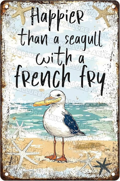 Metal Tin Sign Poster Funny Wall Art Seagull With French Fry Plaque Retro Decor For Beach Lovers Coastal Home Lake House Poolside Nautical Bar 8x12 Inch